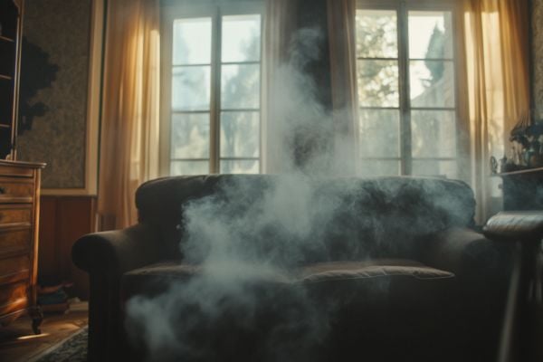 smoke in a living room next to a sofa and a window