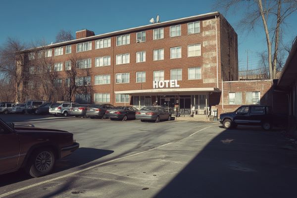 A rundown hotel with old cars in the parking lot