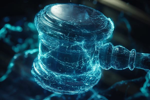 A blue hologram of a gavel