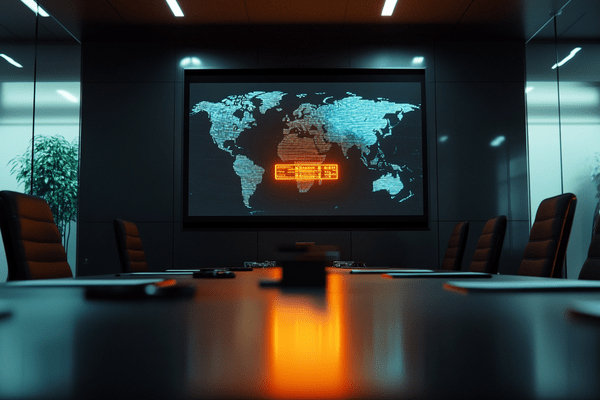 an office projector screen showing a world map with an orange warning across it