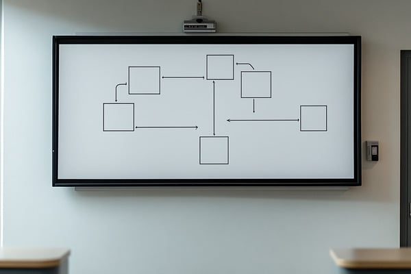 A whiteboard showing a flowchart of boxes and arrows