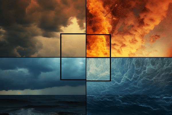 Natural disasters grid of thunderstorm, fire, hurricane, and snowstorm