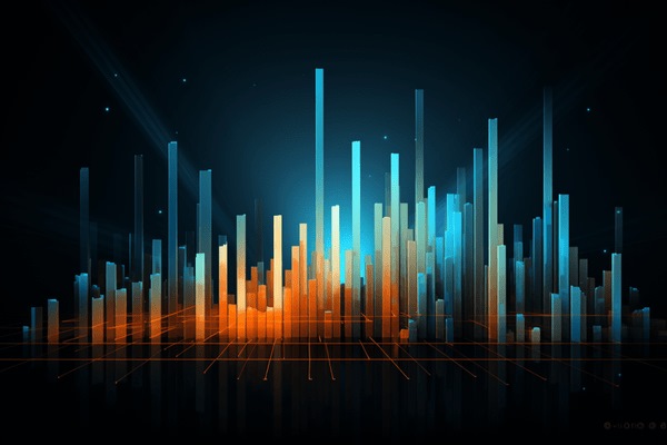 An abstract blue and orange bar graph against a black background