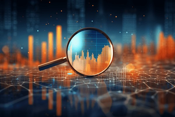 A magnifying glass focuses on a section of an orange bar graph against a navy background