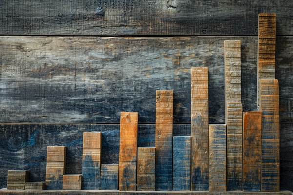 A wooden bar graph graph across wood slats