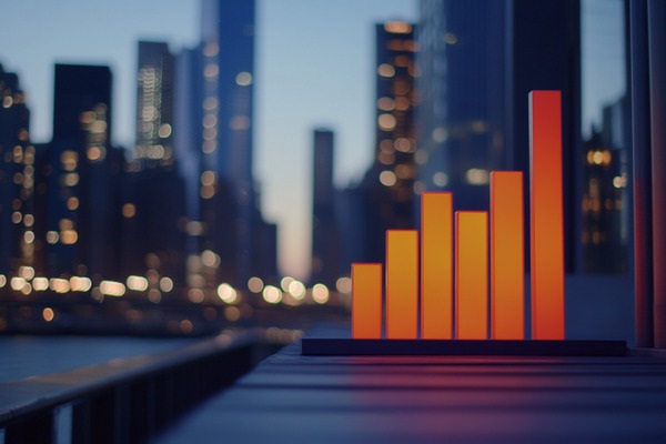 An orange bar graph sits on the ground with a twilight view of downtown behind it