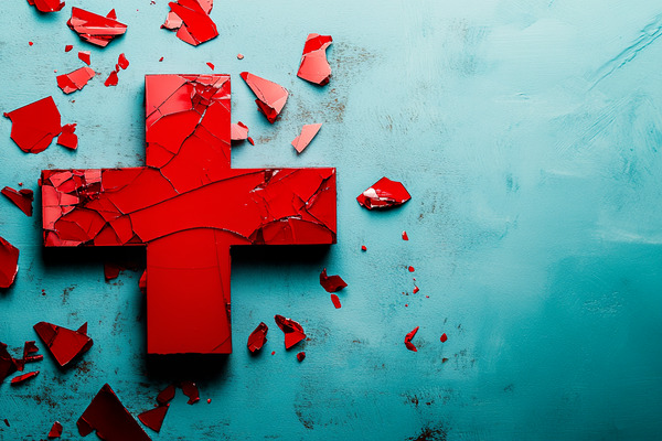 A shattered red medical plus sign against a pale blue background