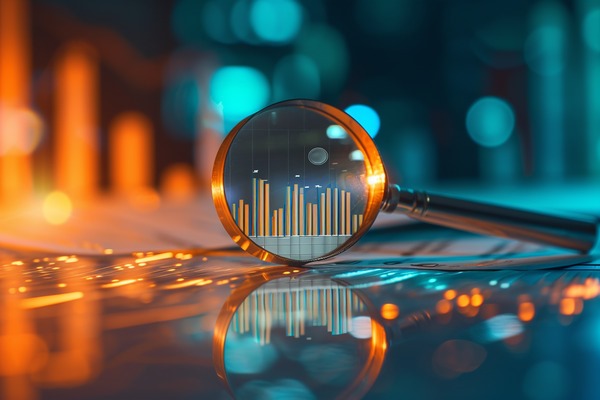 A magnifying glass focuses on part of a bar graph