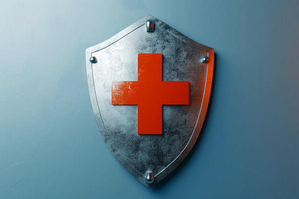 A silver shield with a red medical plus sign on it with a blue background