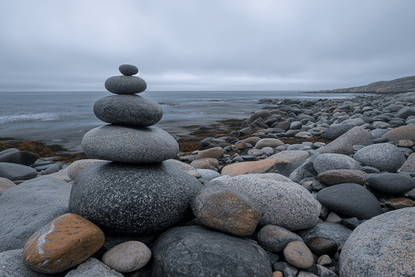 multiple rocks stacked into a cairn on a rocky beach