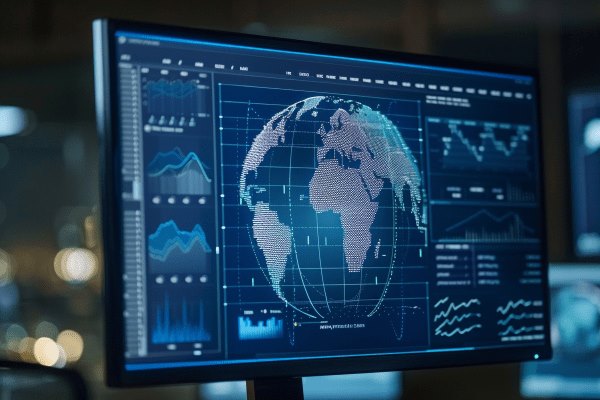 A computer screen shows a globe with graphs along the left and right sides