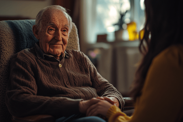 An elderly man holds hands with his granddaughter