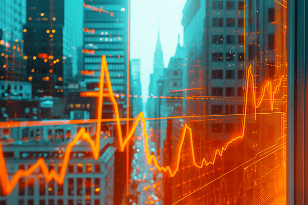 A glowing orange line graph across an office window with a view of downtown outside