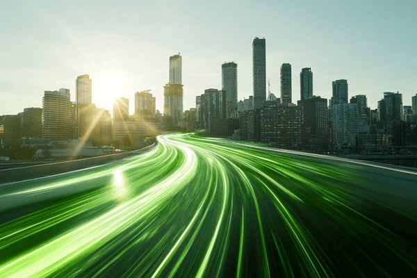 A flow of green lights streaming into a downtown city