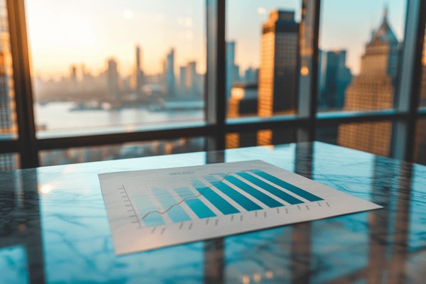 An increasing bar graph lays on an office table with a downtown view outside the window