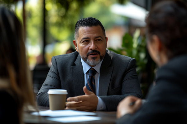 A businessman talks while seated at an outdoor table across from other people