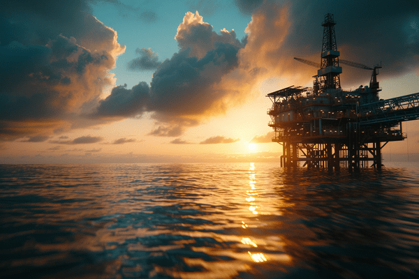 An oil platform on the water at sunrise