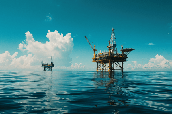 Two oil rig platforms out at sea under a blue sky