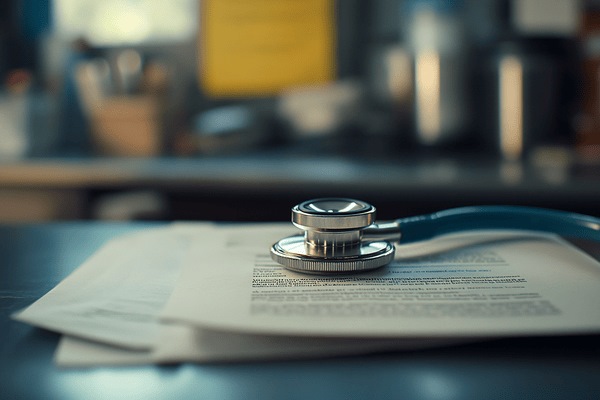 A stethoscope laying on paperwork on an office desk