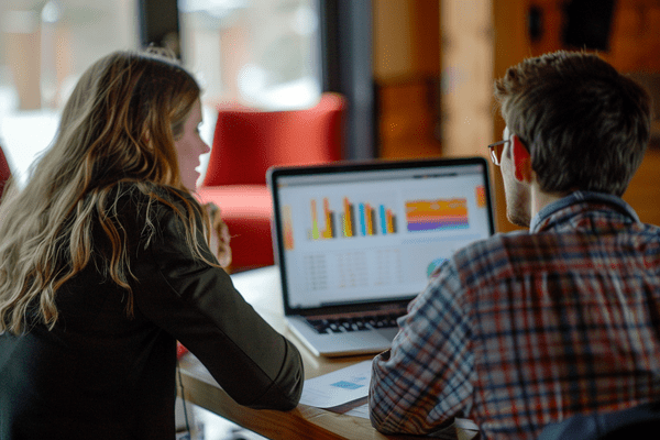 Two young business professionals look at a bar graph and reports on a laptop computer