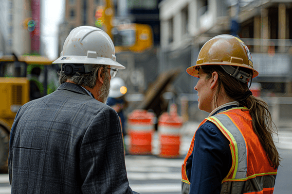 A construction insurance broker in a hardhat talks to a woman construction worker on a jobsite