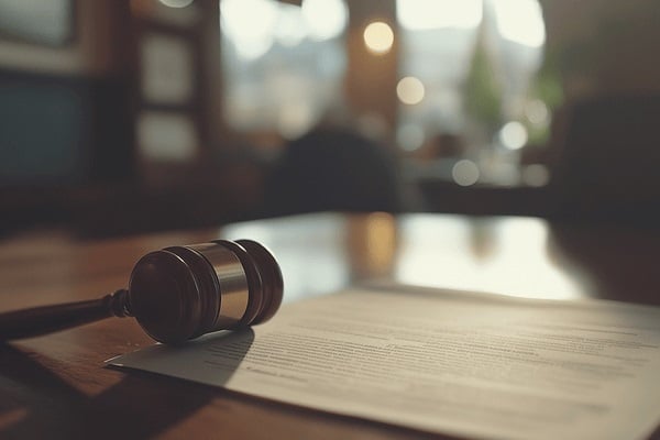 A gavel laying on a document on an office desk