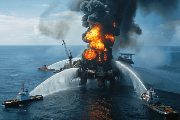 An offshore oil platform on fire with ships spraying water on it