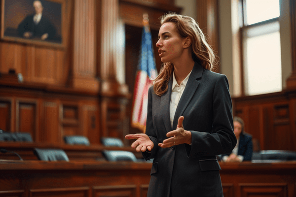 A female lawyer talks while standing in a courtroom