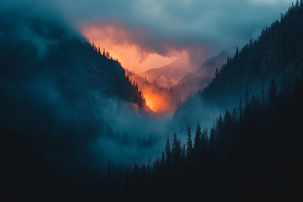 A wildfire glows through a mountain valley with fog and low clouds covering the view of the fire