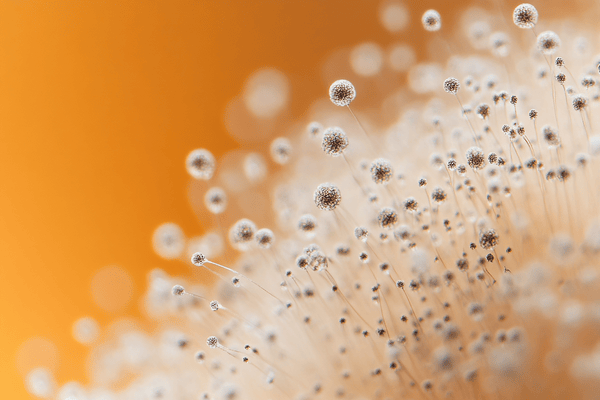 A micro view of mold spores on an orange background