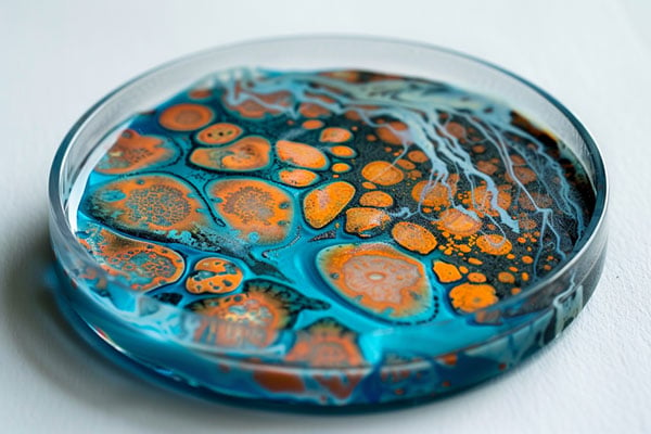 A petri dish containing blue and orange mold