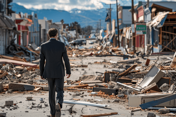 A business professional walks through a destroyed city after an earthquake