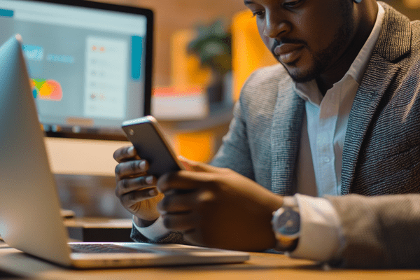 A businessman looks at his cell phone while at the office