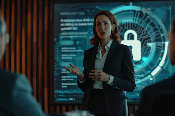 A businesswoman talks to a room of employees with a cyber presentation behind her