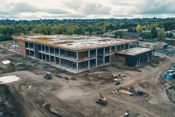 An aerial view of a large building under construction