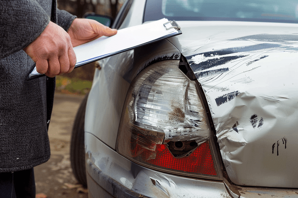 An adjuster holds paperwork on a clipboard while reviewing bumper damage on a car