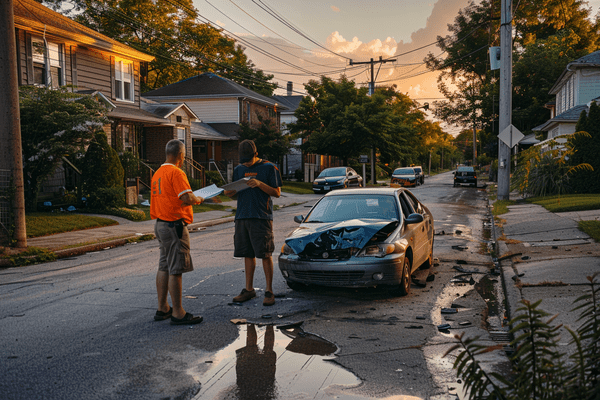 Two men exchange insurance paperwork after a car accident in a neighborhood