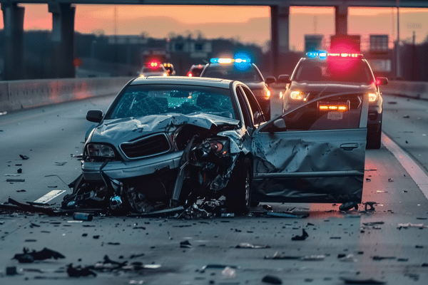 A car totaled on the highway with emergency cars behind it