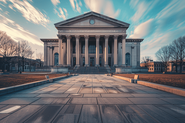 The front of a columned courthouse under a cloudy sky