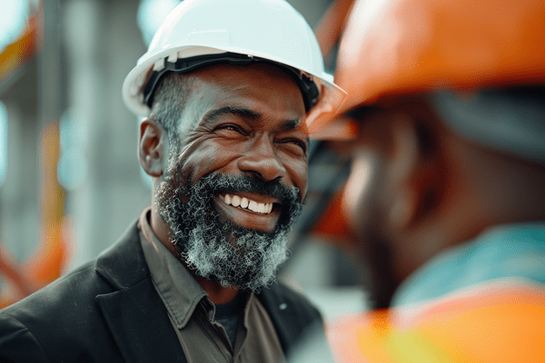 A businessman in a hard hat smiles while talking to a construction worker on a jobsite