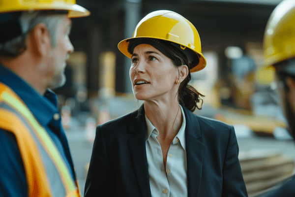 A businesswoman in a hard hat talking to construction workers on a jobsite