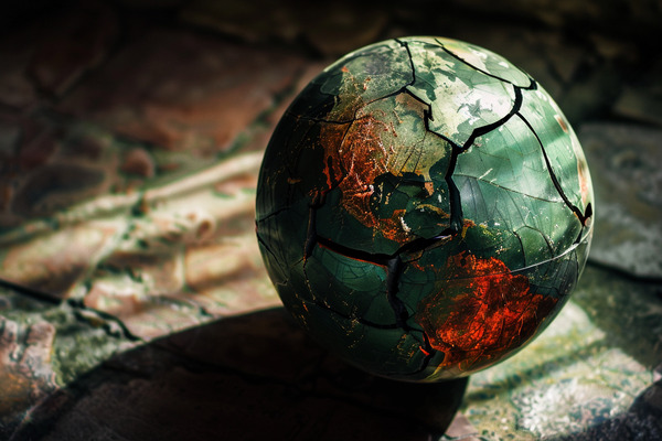 A cracked globe resting on the floor.