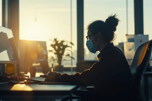 A businesswoman working at her computer while wearing a blue medical mask