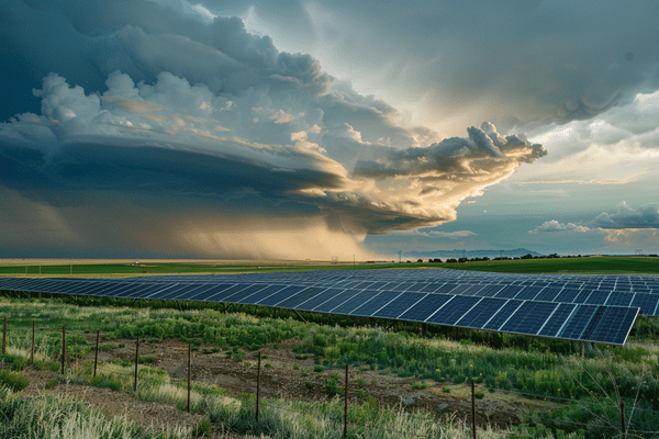 A solar farm field with a large thunderstorm in the distance