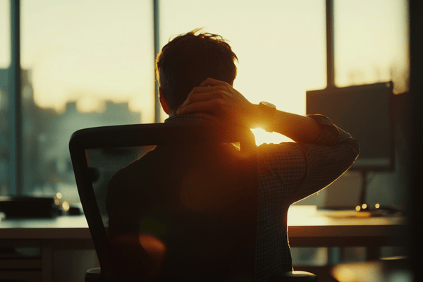 A businessman rubs his aching neck while sitting at his office desk