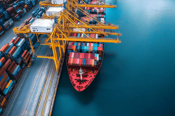 Aerial view of a cargo ship at dock