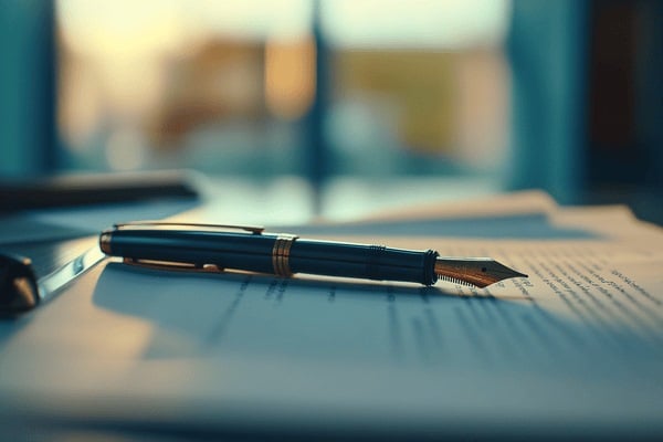 A fountain pen lays on a contract on an office desk