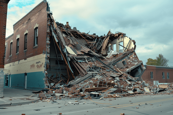 A building partially collapsed with debris in the street