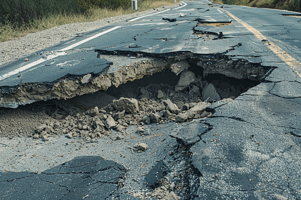 A large break in highway asphalt that created a hole in the road