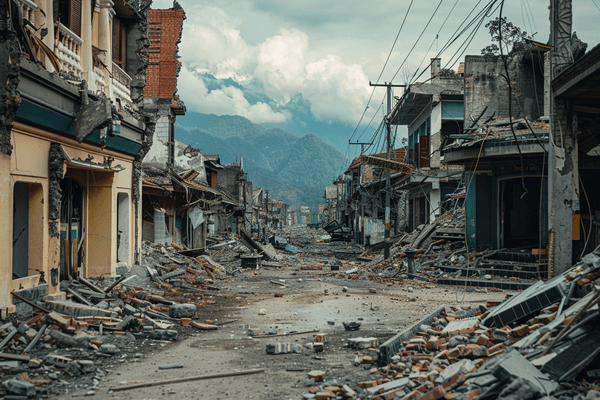 Rubble fills the streets of a town after it was destroyed by an earthquake